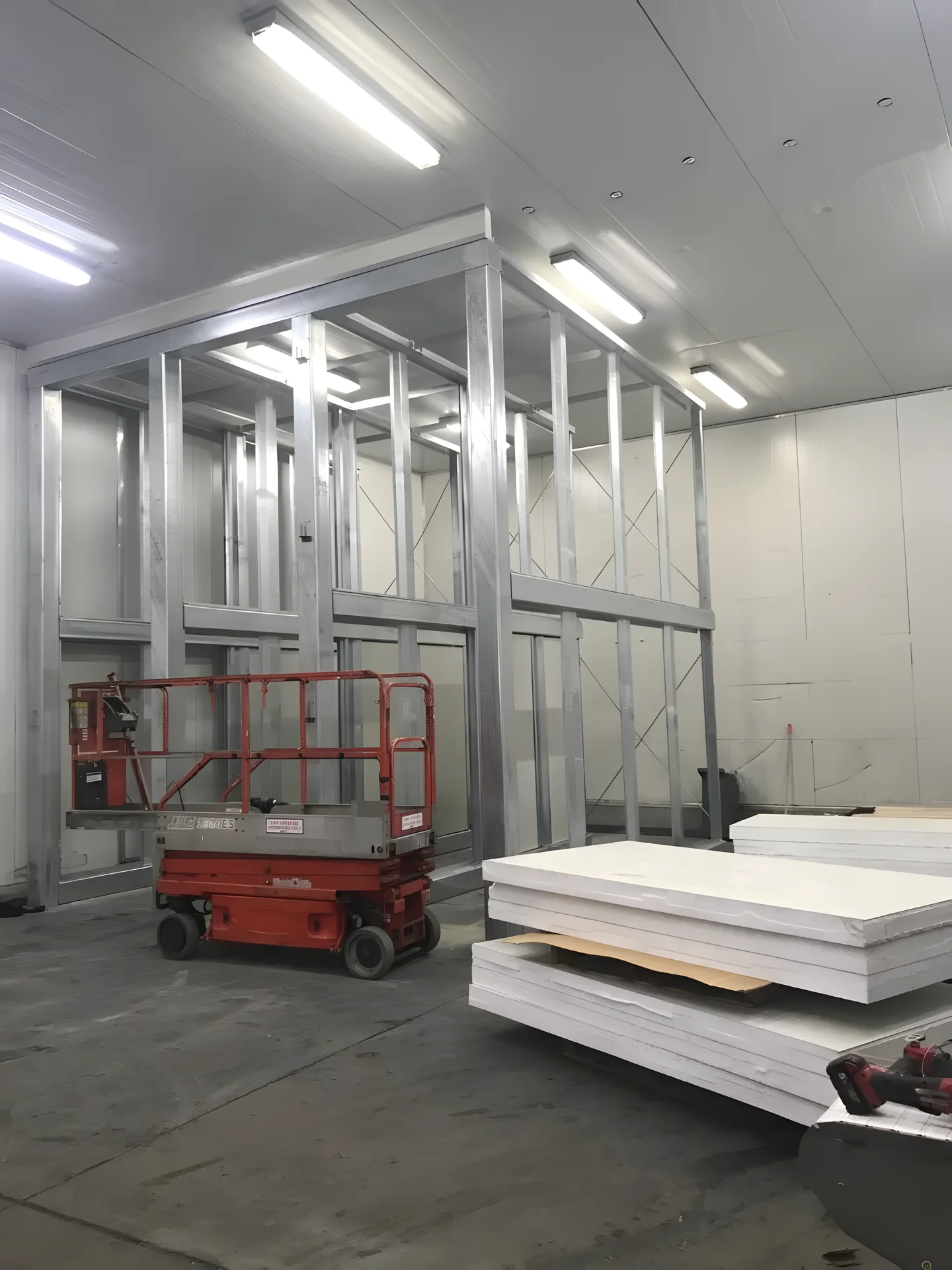 Galvanised steel framing going up inside a freezer room, with a scissor lift and insulated panels