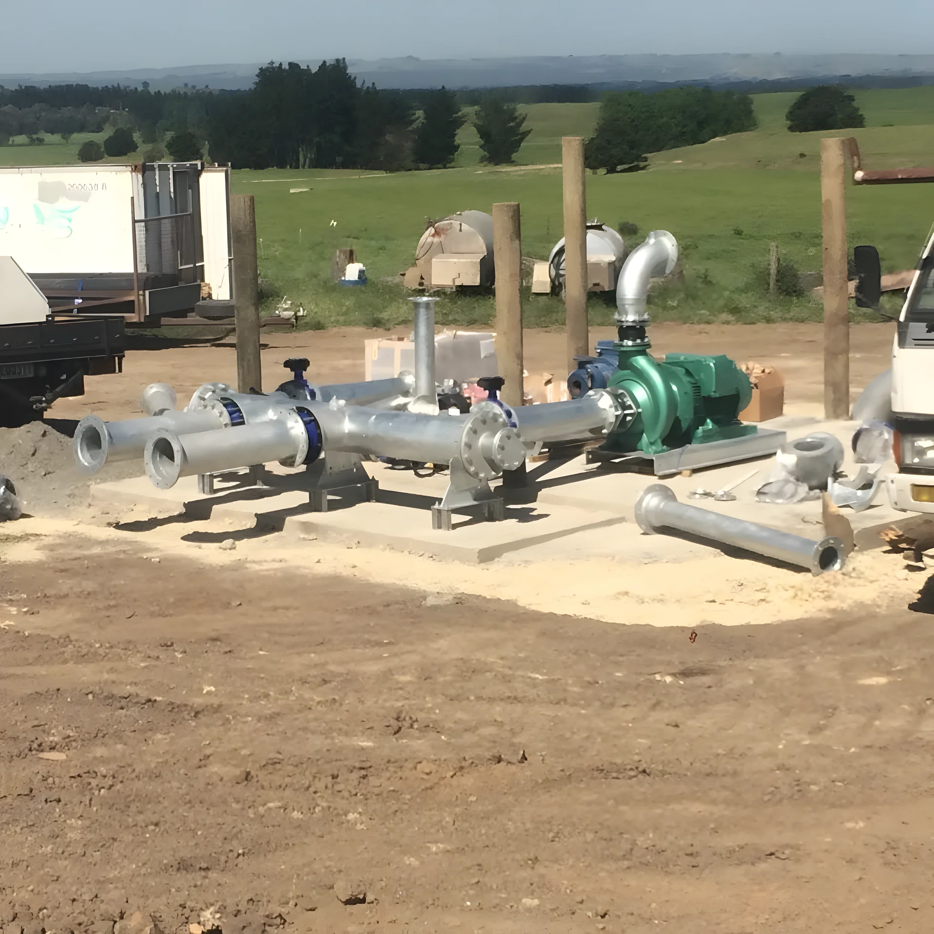 Galvanised pipework and a green pump on a new concrete pad on a farm